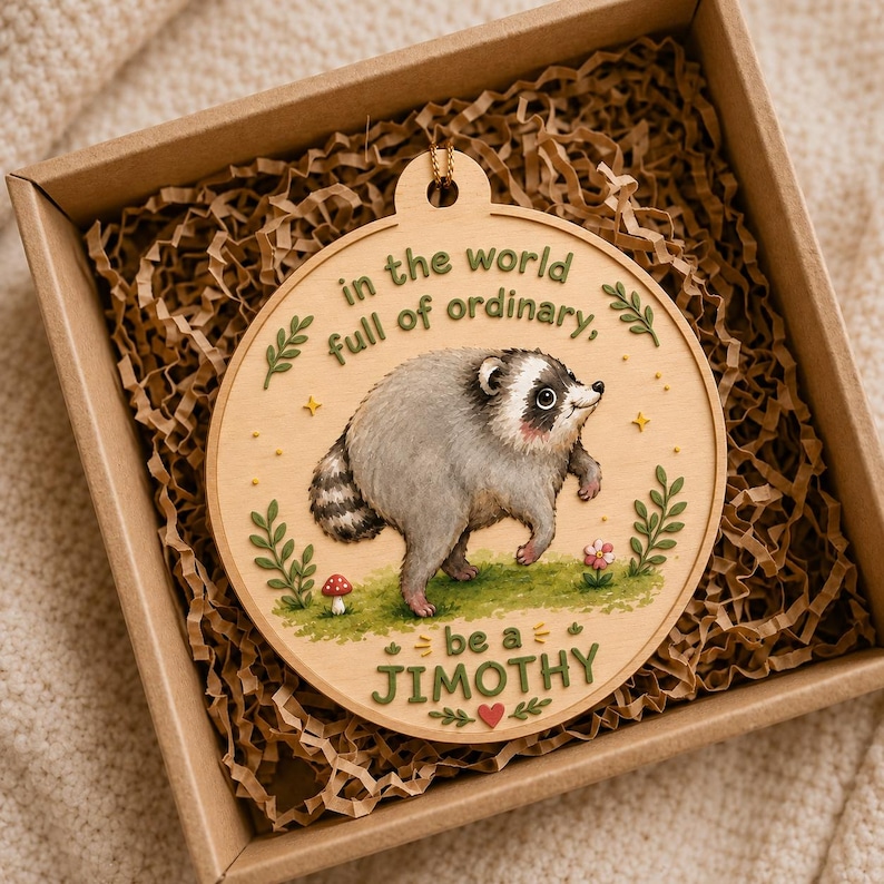 Puede incluir: Un adorno redondo de madera con un mapache pintado sobre hierba verde. El texto dice: "in the world full of ordinary, be a JIMOTHY". El dise&ntilde;o incluye peque&ntilde;as ramas verdes, diminutas estrellas amarillas, una seta roja y un peque&ntilde;o coraz&oacute;n rojo.