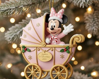 Custom Baby's First Christmas Ornament, Minnie Baby Ornament, Minnie Mouse Stroller 2D Acrylic Christmas Gift, Minnie Baby Carriage Ornament