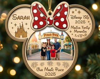 Personalized Disney Family Trip Wooden Ornament, Custom Photo & Name Mickey Ears Ornament, Minnie Ear Christmas Tree Decor