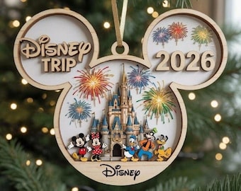 Personalized Disney Mickey And Friends Wood Ornament, Custom Family Vacation Keepsake, Castle Fireworks Ornament, Christmas Tree Decoration