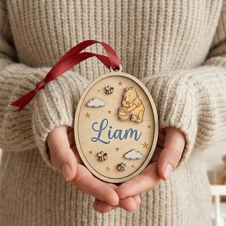 Personalized Disney Pooh Baby Name Ornament, Custom Winnie The Pooh Ornament, Nursery Christmas Tree Decoration, Pooh Wooden Ornament image 3