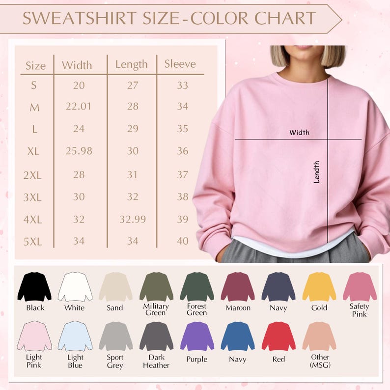 K&ouml;nnte beinhalten: Ein rosa Sweatshirt mit Gr&ouml;&szlig;entabelle und Farbauswahl. Die Tabelle zeigt die Gr&ouml;&szlig;en S bis 5XL mit Ma&szlig;en in Zoll f&uuml;r Breite, L&auml;nge und &Auml;rmel. Farbauswahl umfasst Schwarz, Wei&szlig;, Sand, Milit&auml;rgr&uuml;n, Waldgr&uuml;n, Bordeaux, Marineblau, Gold und Sicherheitsrosa.