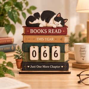 May include: A decorative desk calendar shaped like a stack of five books with a sleeping black and white cat on top. The spines read BOOKS READ, THIS YEAR, and Just One More Chapter. Three hanging wooden tags display the number 066.