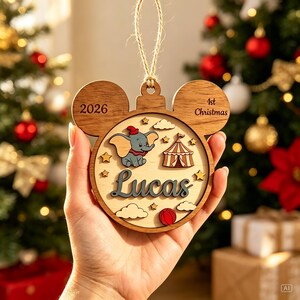 Custom Disney Baby Name Ornament, Dumbo Nursery Ornament, Disney Christmas Tree Wooden Ornament image 3