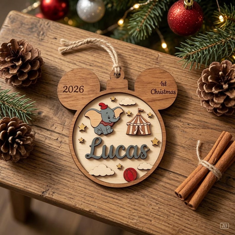 May include: A wooden ornament shaped like a mouse head featuring a layered design with a Dumbo elephant character, a circus tent, clouds, stars, and a red ball. The text reads 2026, 1st Christmas, and the name Lucas in a dark script font.