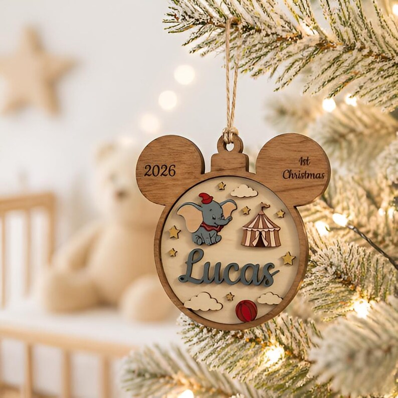Custom Disney Baby Name Ornament, Dumbo Nursery Ornament, Disney Christmas Tree Wooden Ornament image 4
