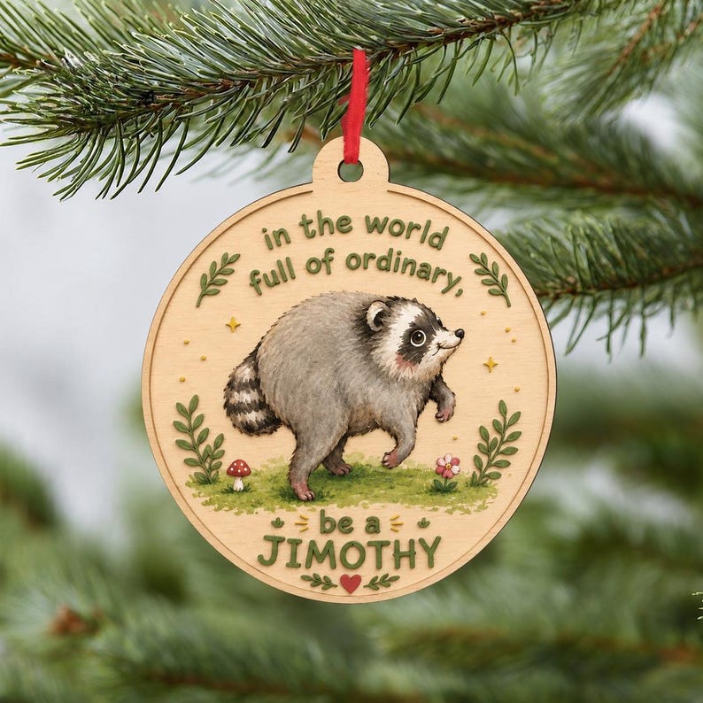 Puede incluir: Un adorno de madera redondo con una ilustraci&oacute;n impresa de un mapache sobre hierba verde. El texto dice: "in the world full of ordinary, be a JIMOTHY". El dise&ntilde;o incluye peque&ntilde;as ramas verdes, una seta roja y una peque&ntilde;a flor.