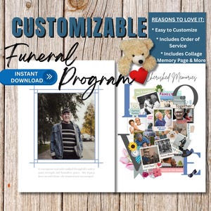 May include: A customizable funeral program template with a photo of a man in a blue jean jacket and a collage of photos in the shape of the word "LOVE". The text "Cherished Memories" is at the top of the collage. The program includes an order of service, a memory page, and a collage of photos.