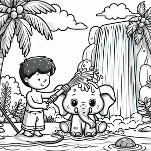 May include: A black and white illustration of a boy using a hose to spray water on a baby elephant. The elephant is sitting in front of a waterfall.