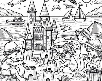 Peut inclure: Illustration en noir et blanc d'enfants construisant des châteaux de sable sur une plage. Les châteaux de sable sont en forme de château avec des tours et un pont-levis. Les enfants portent des chapeaux et sourient. Il y a des mouettes qui volent dans le ciel et un voilier dans l'eau.