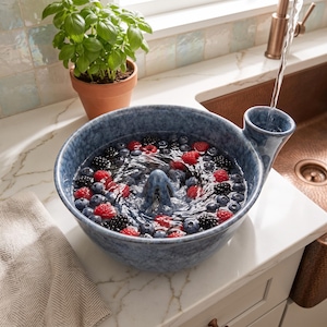 Handmade Ceramic Berry Washing Bowl, Water Powered Swirl Colander, Blue Speckled Pottery Fruit Rinser, Produce Washer, Housewarming Gift