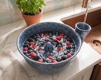 Handmade Ceramic Berry Washing Bowl, Water Powered Swirl Colander, Blue Speckled Pottery Fruit Rinser, Produce Washer, Housewarming Gift