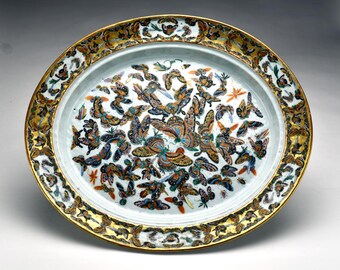 Chinese Import porcelain Thousand Butterfly Serving Dish and Strainer