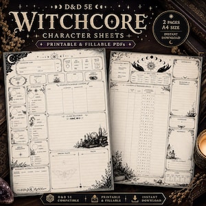 Könnte beinhalten: Zwei druckbare Witchcore-Charakterbögen im A4-Format für D&D 5E. Die Bögen haben detaillierte Abschnitte für Charakterwerte, Zaubersprüche und Ausrüstung. Das Design umfasst dekorative Ränder und den Text "Witchcore Character Sheets".
