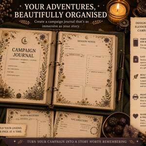 May include: A campaign journal with a green cover, open to reveal pages for session notes and campaign details. The journal is decorated with floral and celestial designs. The text reads "Your Adventures, Beautifully Organised." The journal is A4 size.