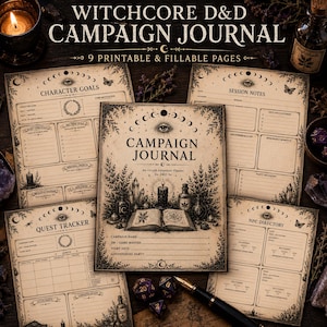 May include: A set of nine printable Witchcore D&D campaign journal pages featuring an occult adventure planner, character goals, session notes, quest tracker, and NPC directory. The paper has a vintage aesthetic with black ink illustrations.