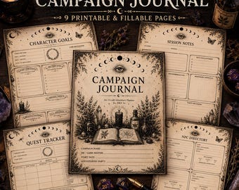 May include: A set of nine printable Witchcore D&D campaign journal pages featuring an occult adventure planner, character goals, session notes, quest tracker, and NPC directory. The paper has a vintage aesthetic with black ink illustrations.