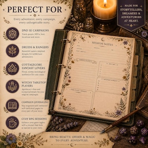 May include: A journal with a green cover and floral design, open to a page with session notes. The journal is designed for RPG campaigns, with sections for quests, NPCs, and important moments. Text on the image reads "Bring beauty, order & magic to every adventure."