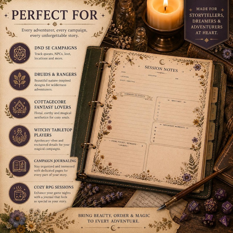 May include: A journal with a green cover and floral design, open to a page with session notes. The journal is designed for RPG campaigns, with sections for quests, NPCs, and important moments. Text on the image reads "Bring beauty, order & magic to every adventure."