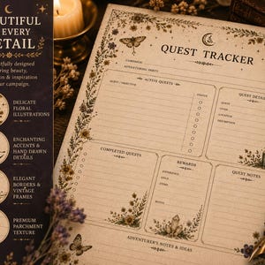 May include: A vintage-style Quest Tracker sheet with floral illustrations and elegant borders. The sheet features sections for active quests, completed quests, rewards, and notes. The text "Quest Tracker" is at the top, with a parchment texture.