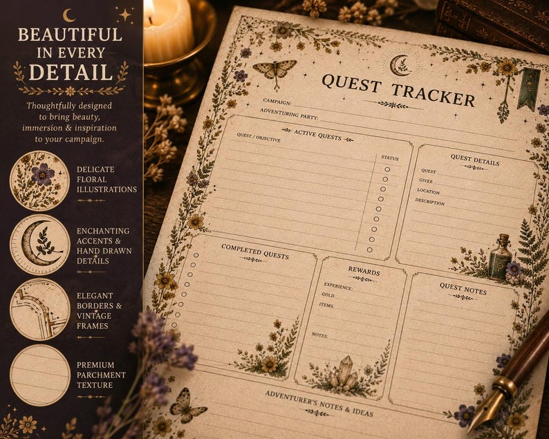 May include: A vintage-style Quest Tracker sheet with floral illustrations and elegant borders. The sheet features sections for active quests, completed quests, rewards, and notes. The text "Quest Tracker" is at the top, with a parchment texture.
