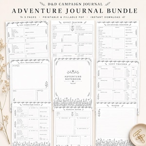 Puede incluir: Un paquete de diario de aventuras D&D con 9 páginas PDF imprimibles y rellenables. Las páginas incluyen un directorio de NPC, un rastreador de misiones, un rastreador de ubicaciones, una hoja de mapas/bocetos, objetivos de personajes, un rastreador de botín, notas de sesión y una sección de notas.