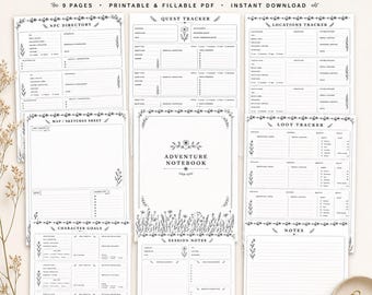 May include: A D&D Adventure Journal Bundle with 9 printable and fillable PDF pages. The pages include an NPC directory, quest tracker, locations tracker, map/sketches sheet, character goals, loot tracker, session notes, and a notes section. The journal is designed for instant download.