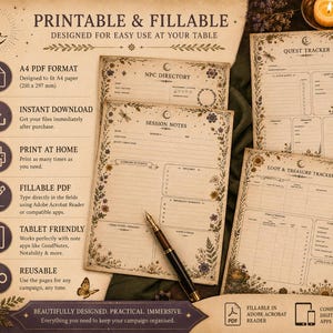 May include: Printable and fillable PDF pages for tabletop role-playing games. The pages include a quest tracker, NPC directory, session notes, and a loot and treasure tracker. The design features floral and celestial accents, with a pen resting on the session notes.