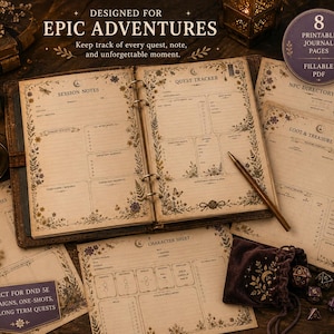 May include: A detailed journal with pages for session notes, quest tracking, and character sheets. The journal is decorated with floral designs and the text "DESIGNED FOR EPIC ADVENTURES". Includes a pen, dice, and a small bag. Ideal for DND 5e campaigns.