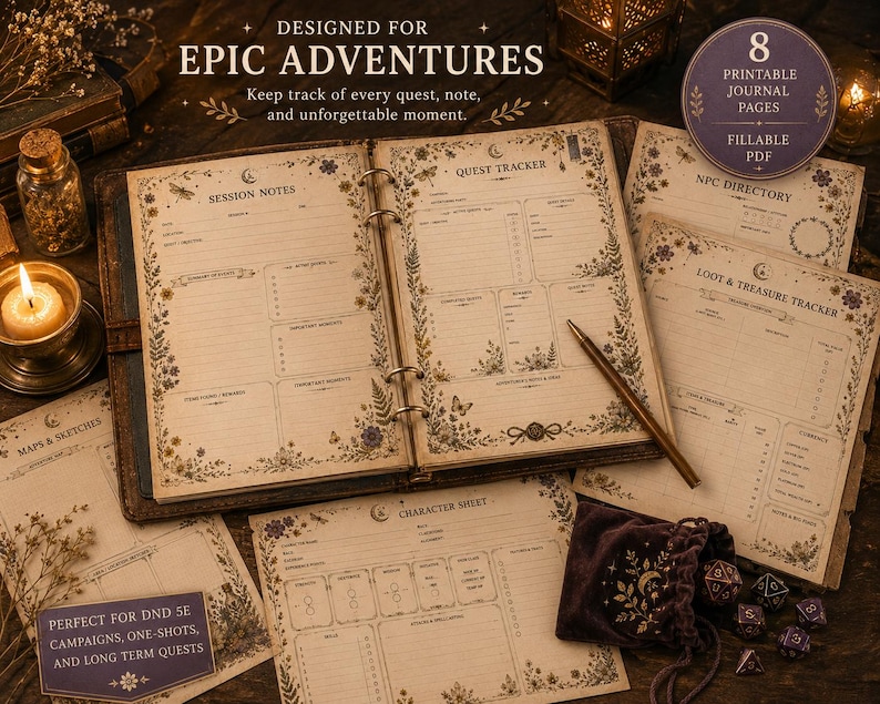 May include: A detailed journal with pages for session notes, quest tracking, and character sheets. The journal is decorated with floral designs and the text "DESIGNED FOR EPIC ADVENTURES". Includes a pen, dice, and a small bag. Ideal for DND 5e campaigns.