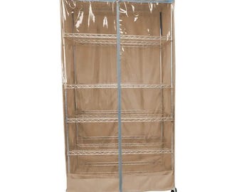 Storage Shelving Unit Cover, fits racks 36"W x 24"D x 72"H one side see through panel in Beige Khaki and Blue Trim