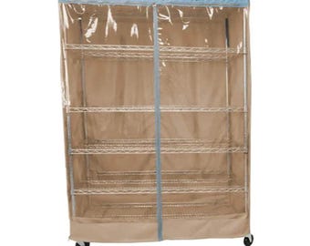 Storage Shelving Unit Cover, fits racks 36"W x 14"D x 54"H one side see through panel in Beige Khaki and Blue Trim