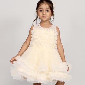Childrens Light Beige Ruffle Party Dress with Breathable Mesh & Tulle Design– Toddler Girl Elegant Birthday, Wedding and Fancy Pageant Dress