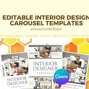 May include: An image featuring three interior design carousel templates. The templates are titled "Editable Interior Design Carousel Templates" and include the text "Instant Download | Editable Canva Templates | Print in Demand". The Canva logo is visible.
