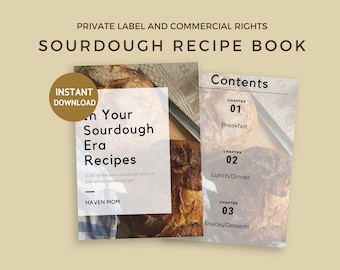 May include: A digital download for a sourdough recipe book with a white background and a photo of sourdough bread. The book title is "In Your Sourdough Era Recipes" and the text "Contents" is displayed with chapter titles for Breakfast, Lunch/Dinner, and Snacks/Desserts.