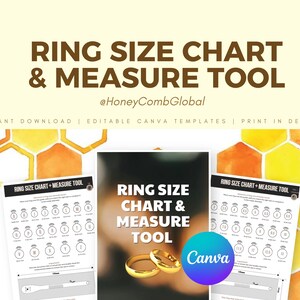 以下が含まれることがあります： 茶色の「RING SIZE CHART & MEASURE TOOL」というテキストが表示された画像。リングサイズチャートと測定ツールが含まれており、Canvaのロゴも表示されています。背景には、黄色とオレンジ色のハニカムパターンがあります。