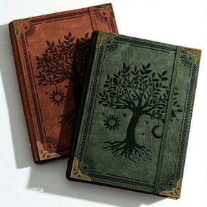 Premium Leather Journal | Tree of Life Notebook with Sun / Moon Design | Vintage Writing Journal Green or Brown,Gift for Writers & Travelers
