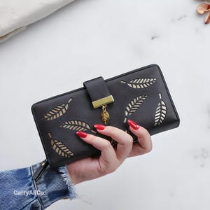 Womens Leather Leaf Purse | Horizontal Zipper Long Purse | Gift For Her | Ladies Purse