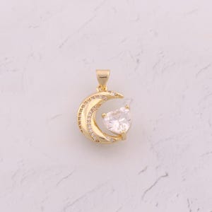 18K Gold Filled Crescent Moon Pendant Dainty CZ Heart Charms for DIY Jewelry Findings Making Supply