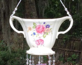 Vintage Floral Sugar Bowl Upcycled into a Windchime with Pink Streaky Stained Glass Chimes, Flowers, Green Leaves, Antique