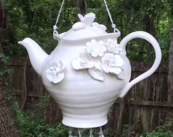 White Floral Teapot Upcycled into a Windchime, with Streaky White Stained Glass Chimes
