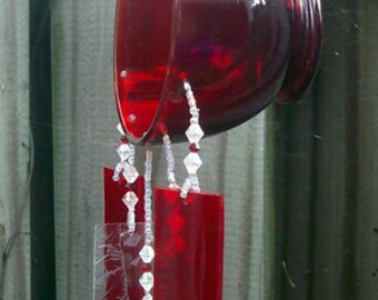 Ruby Teacup Upcycled into a Windchime with Stained Glass Chimes