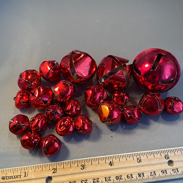 Large lot of shiny red bells, Christmas, jingle bells, red bells, holiday decor.