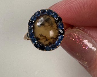 Rare Antique Georgian Dendritic Agate & Blue Paste Halo Mourning Ring