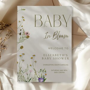 Florale Babypartyeinladung, Baby in Bloom-Vorlage - Elegantes Blumen-Babyparty-Willkommensschild, bearbeitbar in Canva