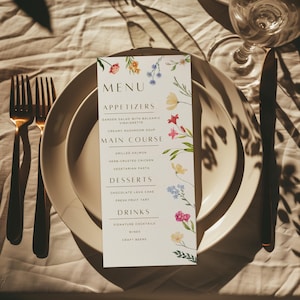 Plantilla de menú de boda floral / Menú de fiesta en un jardín de flores silvestres / Diseño bohemio moderno de doble cara / Descarga digital instantánea