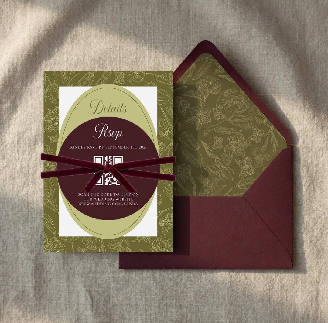 Burgundy and Chartreuse Elegant Wedding Invitation Set | Physical ...
