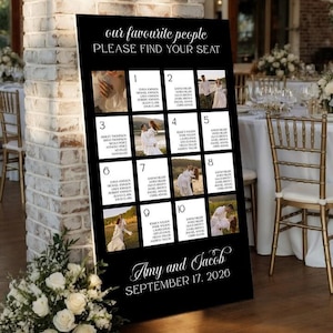 Peut inclure: Un panneau de plan de table de mariage noir avec du texte blanc indiquant our favourite people PLEASE FIND YOUR SEAT, comprenant dix carrés numérotés avec des noms d'invités et des photos de couples, ainsi que Amy and Jacob et 17 SEPTEMBRE 2026.