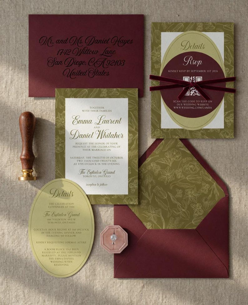Burgundy and Chartreuse Elegant Wedding Invitation Set | Physical ...