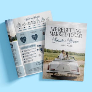May include: A wedding timeline and a photo book with the text "We're Getting Married Today!" featuring a couple in a vintage car. The timeline includes dates, guest information, and wedding-related icons. The photo book is dated August 2nd, 2025.